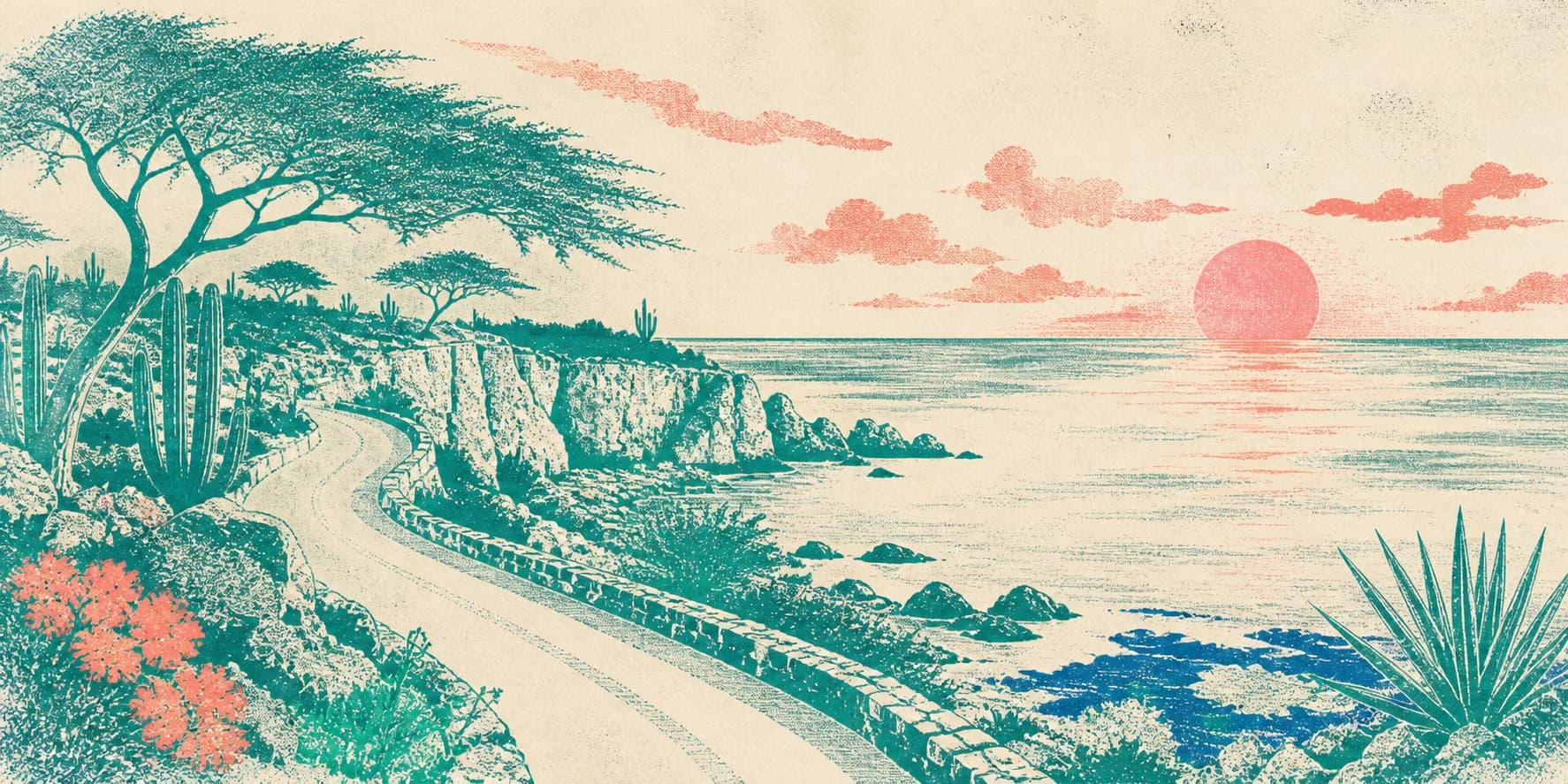 A riso-style sunset panorama of Bonaire’s rugged west coast and coastal road