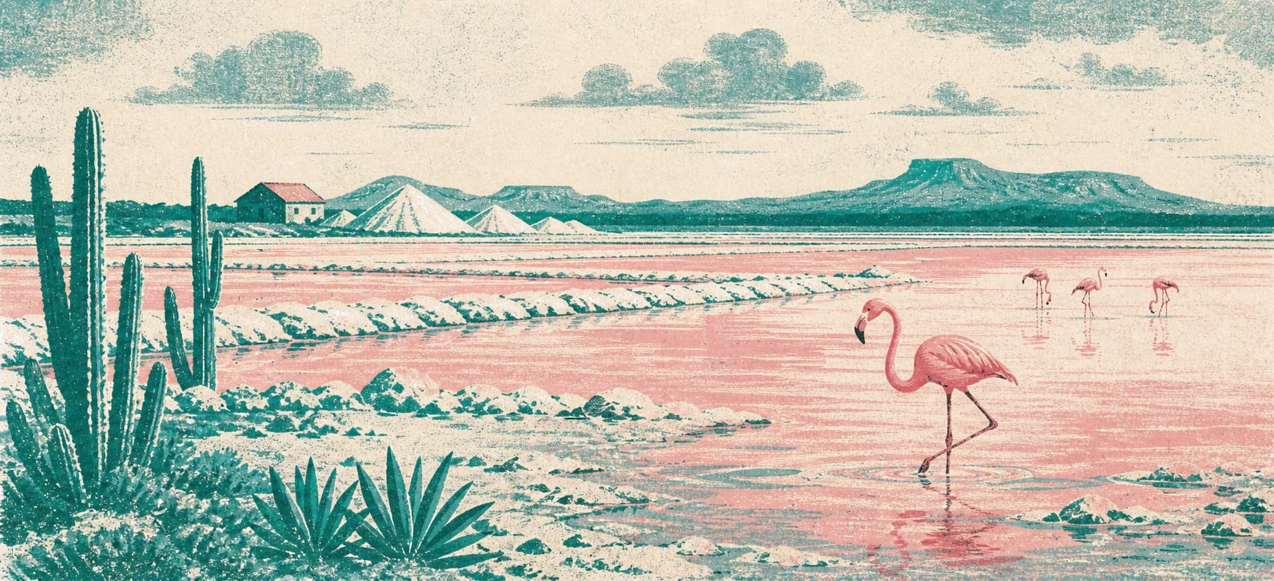 A riso-style panorama of Bonaire salt flats, cactus, and flamingos
