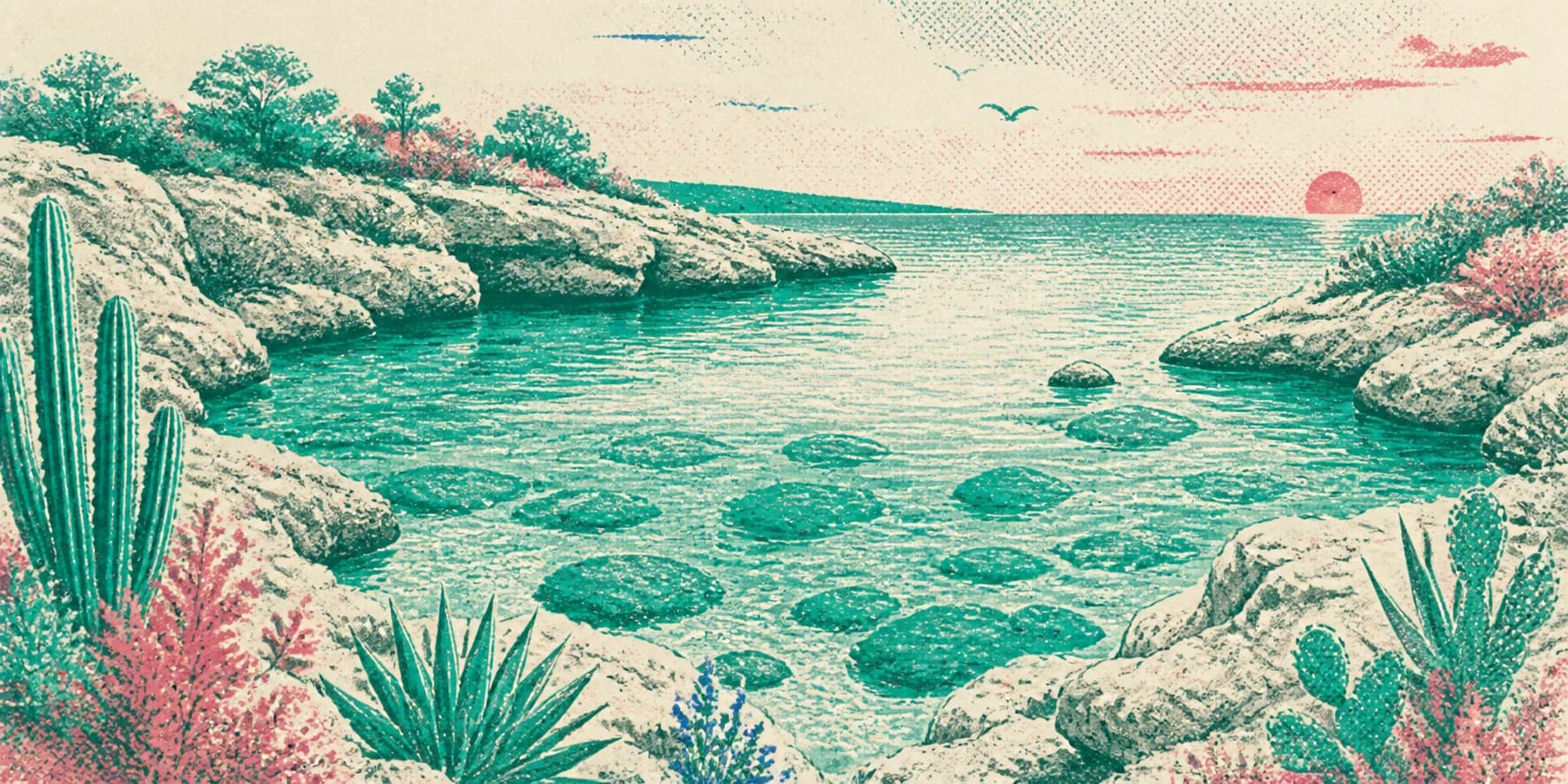 A riso-style panorama of a secluded clear-water cove along Bonaire’s coral coast
