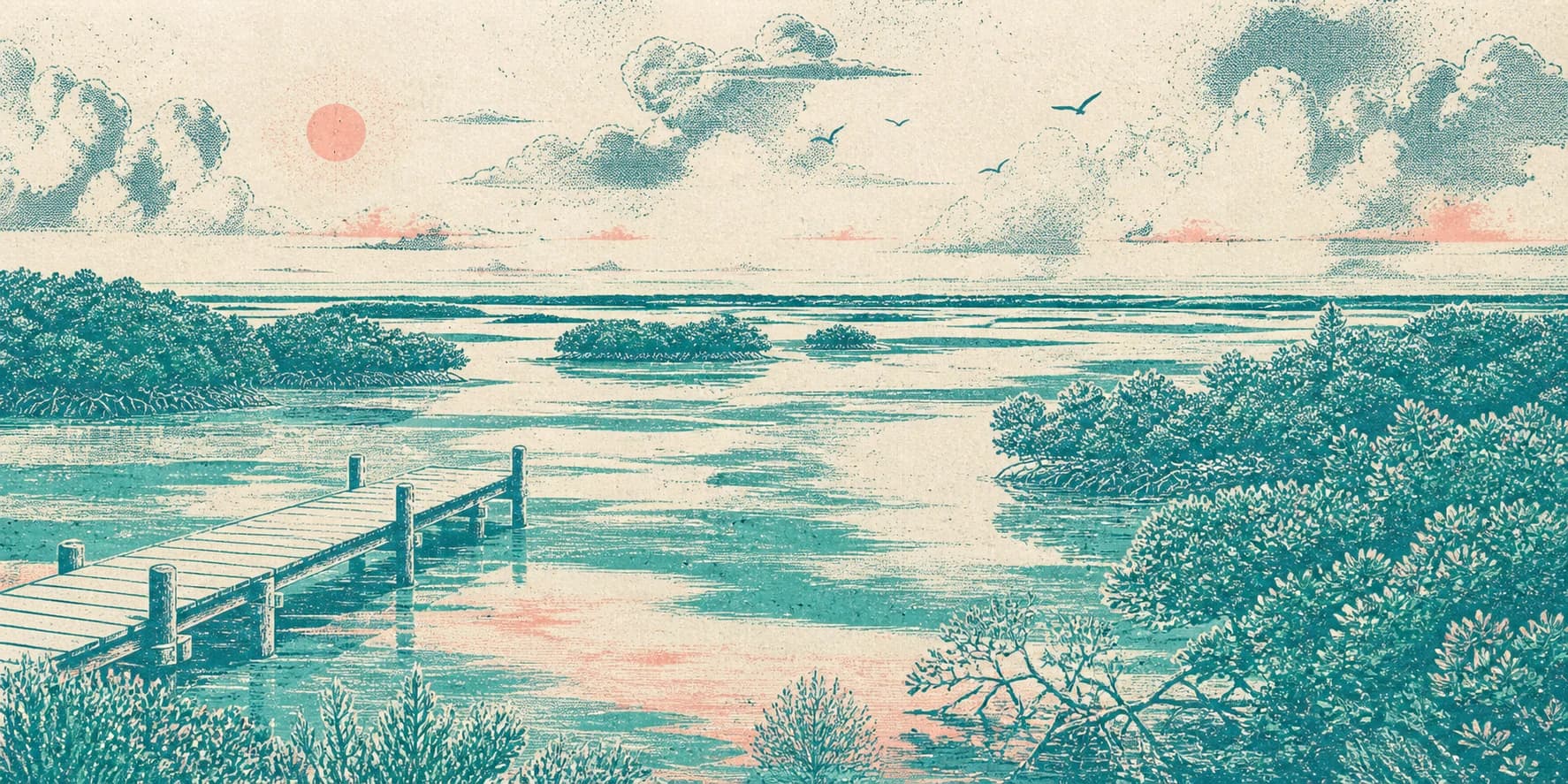 A riso-style panorama of calm water, mangroves, and a jetty at Lac Bay