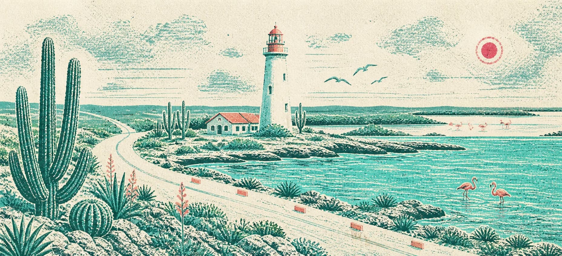 A riso-style panorama of Willemstoren lighthouse and Bonaire’s southern coast